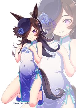 1girl animal_ears blue_flower blue_rose blush breasts brown_hair china_dress chinese_clothes closed_mouth commentary_request covered_navel dress flipped_hair flower gradient_clothes gradient_dress hair_over_one_eye hat hat_flower highres hokuyukis horse_ears horse_girl horse_tail long_hair looking_at_viewer open_mouth pelvic_curtain print_dress purple_eyes rice_shower_(umamusume) rose shoes simple_background sleeveless sleeveless_dress small_breasts smile tail tilted_headwear umamusume white_background white_dress zoom_layer