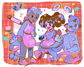 1boy 1girl animal apron asymmetrical_bangs back_bow bee_(bee_and_puppycat) bee_and_puppycat bell big_hair black_eyes border bow brown_hair cat collared_dress dark-skinned_male dark_skin deckard_wizard dot_nose dress flower full_body grey_pants grid_background hair_flower hair_ornament hinann_bot holding light_blush menu messy_hair musical_note_necklace neck_bell open_mouth pants pantyhose pink_apron pink_bow pink_flower pink_shoes pink_slippers puppycat red_background rolling_pin shirt shoes short_dress short_hair short_twintails sideburns sitting slippers smile sparkle standing star_(symbol) star_hair_ornament twintails two-tone_background white_background white_border white_dress white_hair white_pantyhose white_shirt