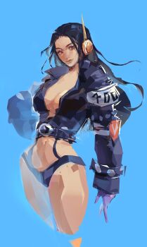 Rule 34 | 1girl, absurdres, black hair, black jacket, black panties, blue background, blue gloves, breasts, cleavage, commentary, cowboy shot, english commentary, gloves, headphones, high collar, highres, jacket, jeunny, long hair, looking at viewer, nico robin, one piece, panties, simple background, smile, solo, underwear