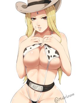 1girl absurdres animal_print blonde_hair breasts brown_eyes cleavage cow_print cowboy_hat curvy facial_mark forehead_mark hat highres konohagakure_symbol large_breasts long_hair looking_at_viewer naruto_(series) navel one-piece_swimsuit print_swimsuit simple_background slingshot_swimsuit solo srlmao stomach swimsuit tsunade_(naruto) underboob very_long_hair white_background white_slingshot_swimsuit