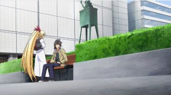 1boy 2girls animated animated_gif blonde_hair bouncing_breasts breasts cleavage hizuki_ayana huge_breasts kagaku_na_yatsura kuze_airi lowres multiple_girls nipples nozaki_masaya purple_hair subtitled