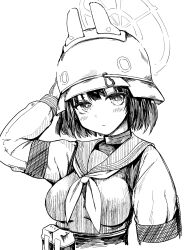 Rule 34 | 1girl, animal ears, blue archive, blush, breasts, closed mouth, fake animal ears, greyscale, halo, haruyukiko, hat, highres, long sleeves, looking at viewer, medium breasts, monochrome, neckerchief, rabbit ears, sailor collar, saki (blue archive), simple background, solo, upper body, white background