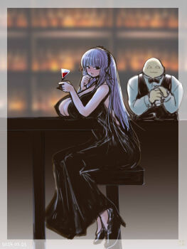 1boy 1girl 2channel alternate_breast_size_(larger) alternate_costume bar_(place) bartender black_dress black_hairband black_ribbon black_shoes black_vest blurry blurry_background blush border breast_rest breasts cleavage cocktail cocktail_dress cocktail_glass commentary_request cup dated dress drinking_glass full_body grey_border grey_hair hair_ribbon hairband high_heels highres holding holding_cup huge_breasts itini-sanshi lolita_hairband long_dress long_hair looking_at_viewer nose_blush open_mouth ribbon rozen_maiden shoes sitting smile stool suigintou table vest yaruo