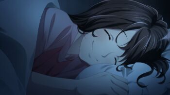 1girl bed brown_hair closed_eyes dim_lighting eyelashes fukuda_tomonori game_cg hair_between_eyes hair_down happy highres indoors lying night non-web_source official_art on_bed on_side pillow pink_shirt pov robotics;notes science_adventure senomiya_akiho shared_bed shared_blanket shiny_lips shirt sleeping sleeping_together smile solo t-shirt under_covers