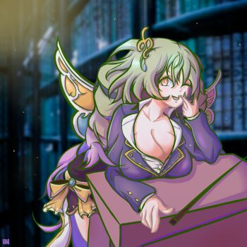 1girl absurdres breasts cleavage fairy_godmother_(gakuen)_(grimms_notes) fairy_godmother_(grimms_notes) grimms_notes highres large_breasts long_hair looking_at_viewer one_eye_closed smaker81 smile solo wings