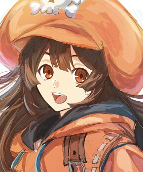 1girl :d brown_eyes brown_hair commentary_request edaori guilty_gear guilty_gear_strive hat hood hoodie long_hair may_(guilty_gear) newsboy_cap open_mouth orange_hat orange_hoodie skull_and_crossbones smile solo teeth upper_body upper_teeth_only white_background