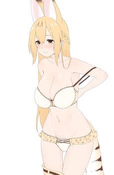 1girl alternate_hair_length alternate_hairstyle animal_ears animal_print bikini blonde_hair blush braid breasts cleavage extra_ears frilled_bikini frills highres huge_breasts kemono_friends long_hair mogurii navel off_shoulder serval_(kemono_friends) short_hair simple_background skirt swimsuit tail white_background