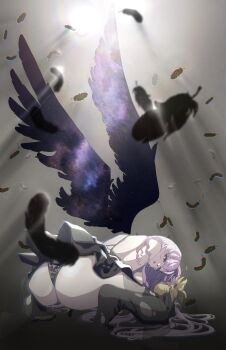 1girl absurdres angel_wings ass black_dress black_flower black_rose black_wings character_doll doll dorothy_(nikke) dorothy_(nostalgia)_(nikke) dress feathered_wings feathers flower goddess_of_victory:_nikke highres hyotenka_ichido pink_eyes pink_hair pinne_(nikke) red_eyes rose solo thighhighs torn_clothes torn_thighhighs wings