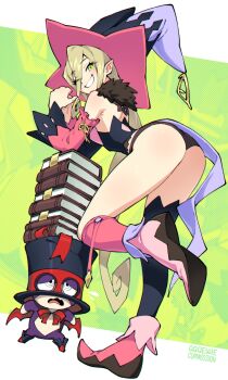 Rule 34 | 1boy, 1girl, ass, bienfu (tales), black dress, blonde hair, book, book stack, boots, commission, detached sleeves, dress, flat chest, from behind, full body, green eyes, hair between eyes, hat, highres, large hat, leg up, long hair, looking at viewer, magilou (tales), one eye closed, open mouth, pink boots, pointy ears, qewie, second-party source, smile, standing, standing on one leg, tales of (series), tales of berseria, very long hair, witch, witch hat