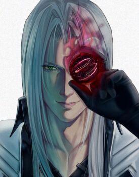 1boy arm_up black_gloves black_materia closed_mouth collarbone eyelashes final_fantasy final_fantasy_vii final_fantasy_vii_remake gloves green_eyes grey_hair hashtag-only_commentary holding lips long_hair male_focus naormiuo portrait sephiroth simple_background slit_pupils smile solo white_background