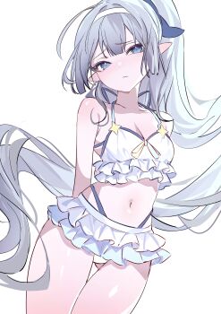 1girl absurdres arms_behind_back bikini blue_eyes breasts cleavage closed_mouth collarbone cowboy_shot female_tyrant_(stella_sora) frilled_bikini frills gluteal_fold grey_hair hairband highres long_hair looking_at_viewer navel official_alternate_costume pipoccon pointy_ears ponytail simple_background small_breasts solo stella_sora stomach swimsuit tyrant_(stella_sora) very_long_hair white_background white_bikini