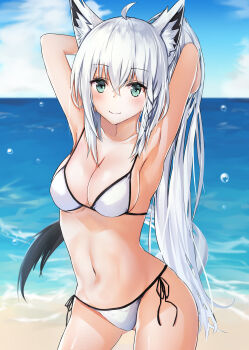 Rule 34 | 1girl, absurdres, ahoge, animal ear fluff, animal ears, armpits, arms behind head, arms up, bad id, bad pixiv id, beach, bikini, blue hair, blue sky, braid, breasts, cleavage, cloud, collarbone, day, female focus, fox ears, highres, hololive, horizon, kurohikage, looking at viewer, medium breasts, multicolored hair, ocean, outdoors, shirakami fubuki, side-tie bikini bottom, side braid, sky, smile, solo, streaked hair, swimsuit, two-tone hair, virtual youtuber, water, water drop, white bikini, white hair