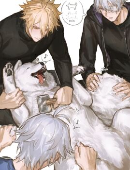 3boys absurdres antenna_hair black_hoodie black_shirt black_sweater blonde_hair blue_eyes blue_shirt commentary_request dog flame_reaver_of_the_deepest_dark highres honkai:_star_rail honkai_(series) hood hoodie male_focus matuka10101 multiple_boys multiple_persona musical_note open_clothes open_hoodie petting phainon_(honkai:_star_rail) phainon_(khaslana)_(honkai:_star_rail) samoyed_(dog) shirt short_hair simple_background spiked_hair spoken_musical_note sweater turtleneck turtleneck_sweater white_background white_hair yellow_eyes