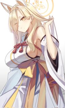 1girl adjusting_hair animal_ears bare_shoulders blonde_hair blue_archive breasts closed_mouth commentary corrupted_twitter_file cowboy_shot detached_sleeves extra_ears eyes_visible_through_hair eyeshadow fox_ears fox_girl from_below hair_behind_ear hair_over_one_eye hairband hakama halo hand_up highres japanese_clothes kaho_(blue_archive) kimono large_breasts long_hair long_sleeves makeup mole mole_under_mouth no_bra orange_hairband orange_halo orange_sash pink_eyeshadow shinkai_kokoa short_eyebrows sideboob sideless_kimono sidelocks signature simple_background sleeveless sleeveless_kimono solo straight_hair thick_eyebrows white_background white_hakama wide_sleeves yellow_eyes