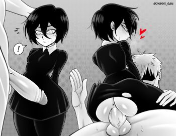 1boy 1girl age_difference anus arms_behind_back artist_name ass back breasts chainsaw_man closed_mouth cowboy_shot cowgirl_position dress erection expressionless eyelashes faceless faceless_male from_behind girl_on_top greyscale half-closed_eyes heart hetero huge_ass kyojiri_loli loli long_sleeves looking_at_penis looking_back looking_down mole mole_under_eye monochrome multiple_views nayuta_(chainsaw_man) no_panties onikiki_san pantyhose penis penis_awe profile pussy ringed_eyes sex short_hair simple_background sitting size_difference slapping small_breasts standing straddling torn_clothes torn_pantyhose uncensored vaginal