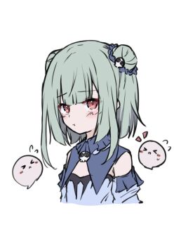 Rule 34 | > <, 1girl, :<, :t, blue sleeves, blunt bangs, blush, bob cut, brooch, closed mouth, cropped torso, detached collar, detached sleeves, double bun, fandead (uruha rushia), flat chest, flying sweatdrops, frilled shirt collar, frills, furrowed brow, green hair, hair bun, hair ornament, hayashi maka, highres, hololive, jewelry, looking ahead, mascot, notice lines, pout, puritan collar, red eyes, short hair, short hair with long locks, side up bun, sidelocks, simple background, skull brooch, skull hair ornament, solo, strapless, upturned eyes, uruha rushia, uruha rushia (1st costume), virtual youtuber, white background