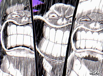 3boys beard black_hair cape clenched_teeth competition earrings eustass_kid facial_hair falling goggles goggles_on_head greyscale_with_colored_background grin highres jacket jewelry looking_down manly monkey_d._luffy monochrome motion_lines multiple_boys one_piece open_clothes open_shirt pectorals scar serious short_hair smile tacchan56110 tattoo teeth trafalgar_law upper_body what