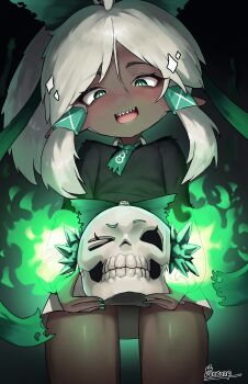 &gt;_o 1girl :d absurdres ahoge artist_name black_shirt blush borrowed_character bow commentary cowboy_shot dark-skinned_female dark_skin english_commentary fire green_bow green_eyes green_fire green_nails hair_bow hair_tubes highres holding holding_skull long_hair long_sleeves looking_at_viewer miniskirt nail_polish necromancer_(porforever) one_eye_closed open_mouth original parted_bangs pointy_ears ponytail poopman sharp_teeth shirt skirt skull smile solo sparkle teeth torn_bow very_long_hair white_hair white_skirt