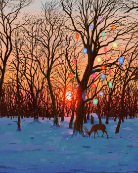 Rule 34 | absurdres, animal, bare tree, chinese commentary, commentary request, deer, evening, fangpeii, forest, gradient sky, highres, lantern, nature, no humans, orange sky, original, outdoors, paper lantern, scenery, sky, snow, sun, sunset, tree, winter