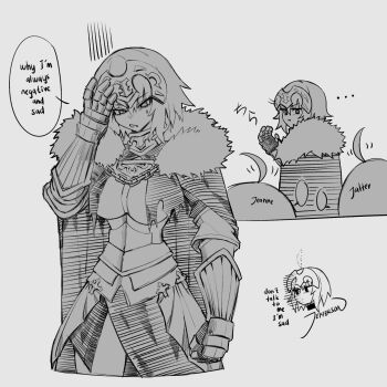 3girls ahoge artist_name commentary english_text fate/grand_order fate/samurai_remnant fate_(series) greyscale hair_between_eyes highres jeanne_d&#039;arc_(fate) jeanne_d&#039;arc_alter_(avenger)_(fate) jeanne_d&#039;arc_alter_(fate) jeanne_d&#039;arc_alter_(lancer)_(fate) jeffraeson monochrome multiple_girls multiple_persona short_hair speech_bubble sweat