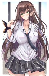 Rule 34 | 1girl, ayannon yumme, black necktie, blush, breasts, brown hair, cleavage, contemporary, cowboy shot, extra pupils, green eyes, hair down, highres, large breasts, long hair, long sleeves, looking to the side, necktie, open mouth, plaid, plaid skirt, playing with own hair, re:zero kara hajimeru isekai seikatsu, ribbon, school uniform, shaula (re:zero), shirt, simple background, skirt, solo, white shirt