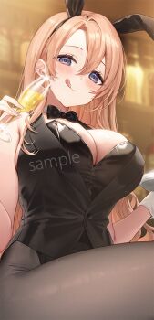 1girl :q alcohol animal_ears bare_shoulders black_bow black_bowtie black_hairband black_leotard black_vest blurry blurry_background blush bow bowtie breasts brown_hair brown_pantyhose champagne champagne_flute cleavage closed_mouth commentary_request cup depth_of_field drinking_glass fake_animal_ears grey_eyes hair_between_eyes hairband hands_up holding holding_cup holding_tray indoors large_breasts leotard long_hair looking_at_viewer masuishi_kinoto original pantyhose playboy_bunny rabbit_ears sample_watermark sitting smile solo strapless strapless_leotard tongue tongue_out tray very_long_hair vest watermark wrist_cuffs