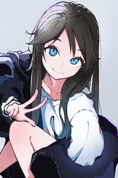 1girl absurdres black_coat black_hair blue_eyes blue_hair coat coat_partially_removed collarbone eyelashes flipped_bangs goma_(gogo_gowa) gradient_hair highres idolmaster idolmaster_shiny_colors long_hair long_sleeves looking_at_viewer mitsumine_yuika multicolored_hair parted_bangs shirt sitting solo straight_hair w white_background white_shirt