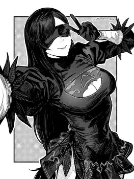 1girl 2b_(nier:automata) 2b_(nier:automata)_(cosplay) black_dress black_gloves black_hair blindfold border breasts cleavage_cutout closed_mouth clothing_cutout commentary cosplay cowboy_shot dress earrings facing_viewer feather-trimmed_sleeves final_fantasy final_fantasy_vii final_fantasy_vii:_ever_crisis gloves greyscale highres jewelry juliet_sleeves large_breasts lips long_hair long_sleeves monochrome nier:automata nier_(series) nier_reincarnation official_alternate_costume outside_border puffy_sleeves selfie seveninks single_earring smile solo swept_bangs tifa_lockhart turtleneck turtleneck_dress twitter_username v white_border