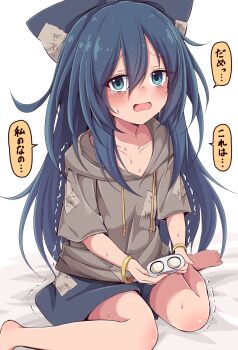 1girl blue_bow blue_eyes blue_hair blue_skirt blush bow bracelet brown_hoodie collarbone commentary_request crying crying_with_eyes_open drawstring foot_out_of_frame gold_bracelet hair_between_eyes hair_bow highres holding hood hood_down hoodie jewelry long_hair looking_at_viewer miniskirt open_mouth patchwork_clothes short_sleeves simple_background sitting siw0n skirt solo speech_bubble tears touhou translation_request trembling very_long_hair wariza white_background yorigami_shion