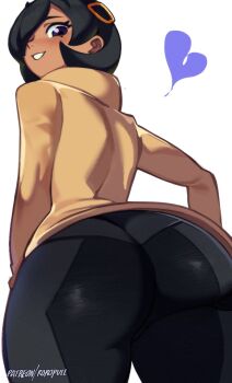 1girl ass black_bodysuit black_hair bodysuit bodysuit_under_clothes brown_jacket dark-skinned_female dark_skin emma_(pokemon) from_behind hair_over_one_eye heart highres jacket long_sleeves looking_at_viewer looking_back nintendo parted_lips patreon_username pokemon pokemon_legends:_z-a purple_eyes roropull short_hair simple_background solo white_background