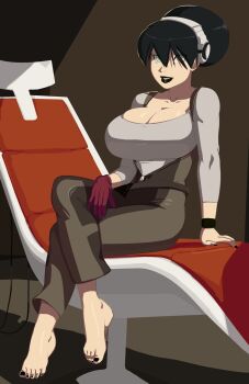 1girl avatar:_the_last_airbender avatar_legends barefoot black_hair black_lips breasts chair cleavage collarbone cosplay full_body gloves grey_eyes grey_overalls hair_between_eyes hair_bun headphones highres indoors large_breasts lipstick looking_at_viewer makeup morganagod nail_polish overalls rebecca_crane rebecca_crane_(cosplay) red_glove single_glove single_hair_bun sitting smile solo toph_beifong unzipped