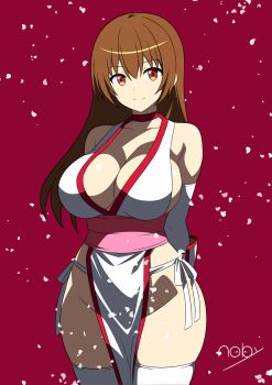 Rule 34 | 1girl, absurdres, arms behind back, artist name, breasts, brown eyes, brown hair, choker, cleavage, closed mouth, collarbone, cowboy shot, dead or alive, elbow gloves, falling petals, female focus, gloves, hair down, highres, japanese clothes, kasumi (doa), kimono, large breasts, long hair, looking at viewer, matching hair/eyes, ninja, noby, panties, pelvic curtain, petals, pink sash, red background, red choker, revealing clothes, ribbon, sash, side-tie panties, signature, simple background, smile, solo, standing, team ninja, tecmo, teeth, thighhighs, thighs, tree, underwear, white kimono, white panties, white thighhighs, wide hips, yellow ribbon