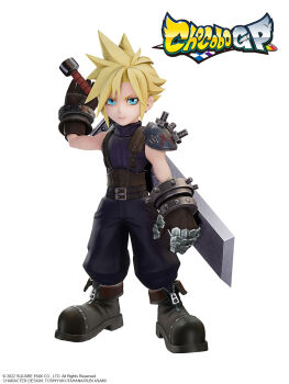 1boy aqua_eyes armor armored_gloves baggy_pants belt black_boots black_pants blonde_hair blue_shirt boots brown_belt brown_gloves buster_sword chocobo_gp cloud_strife final_fantasy final_fantasy_vii final_fantasy_vii_remake full_body gloves highres holding holding_sword holding_weapon male_focus multiple_belts official_art pants pauldrons shirt short_hair shoulder_armor single_bare_shoulder single_pauldron sleeveless sleeveless_turtleneck solo spiked_hair square_enix suspenders sword turtleneck weapon weapon_on_back white_background