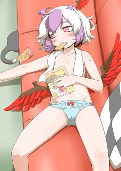 1girl blue_hair blue_panties blush_stickers book bow bow_panties cat commentary_request couch crotch_seam feathered_wings flat_chest food food_in_mouth from_above groin half-closed_eyes head_wings holding holding_book lace lace-trimmed_panties lace_trim looking_to_the_side low_wings lying multicolored_hair on_back on_couch panties popsicle popsicle_in_mouth red_eyes red_wings short_hair single_head_wing solo sweat tokiko_(touhou) topless_female touhou towel towel_around_neck two-tone_hair underwear white_hair wings zannen_na_hito