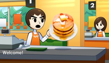 1boy 1girl apron artist_name ball black_eyes black_hair brown_hair butter cash_register cashier closed_mouth commentary counter english_commentary english_text food gameplay_mechanics guest_mii highres holding holding_food indoors long_hair long_sleeves maple_syrup market mii_(nintendo) mob_face nintendo open_mouth pancake pancake_stack pixelated shirt short_hair table tomodachi_life tree vinny_(dingitydingus)