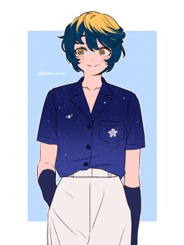 1girl blonde_hair blue_background blue_hair blue_shirt blush boku_no_hero_academia border colored_extremities commentary hand_in_pocket highres mommorua multicolored_hair pants shirt short_hair smile solo thirteen_(boku_no_hero_academia) twitter_username white_border white_pants yellow_eyes