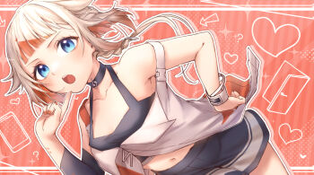 1girl ? absurdres after0217 arrow_(symbol) black_choker black_shirt black_shorts blonde_hair blue_eyes blunt_bangs blush bracelet cevio choker collarbone commentary_request crop_top eyelashes finger_to_own_chin fingernails heart highres jacket jewelry long_hair midriff multicolored_hair nail_polish navel one_(cevio) open_door open_mouth orange_hair orange_nails outline shirt shorts solo teeth two-tone_hair upper_teeth_only white_jacket white_outline