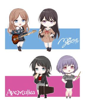 Rule 34 | 4girls, :3, bang dream!, bang dream! it's mygo!!!!!, black bow, black choker, black hair, black jacket, black skirt, blue eyes, blue shirt, blue socks, bow, breasts, brown dress, brown hair, brown shoes, choker, cleavage, closed mouth, commentary request, dress, drinking straw, drinking straw in mouth, bass guitar, frilled shirt, frills, grey neckerchief, grey shirt, guitar case, hanasakigawa school uniform, highres, holding, holding instrument, holding plectrum, instrument, instrument case, instrument connection, jacket, kneehighs, long hair, medium hair, mole, mole under eye, multiple girls, mygo!!!!! logo (bang dream!), nagasaki soyo, neckerchief, off-shoulder shirt, off shoulder, open mouth, pink eyes, pleated dress, plectrum, porinki, purple eyes, red shirt, sailor dress, school uniform, shiina taki, shirt, shoes, short hair, sidelocks, skirt, socks, tsukinomori school uniform, yahata umiri, yuutenji nyamu