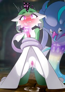 1girl ^^^ arms_behind_back bestiality black_sclera blurry blurry_background blush bob_cut censored clenched_teeth clitoris colored_sclera colored_skin constricted_pupils drooling erect_clitoris female_focus flat_chest full-face_blush full_body gaping gardevoir gen_3_pokemon gen_6_pokemon glowing gluteal_fold green_hair green_skin half-closed_eyes heart heart-shaped_pupils highres hypnosis in_heat indoors kneeling legs_apart looking_at_another m3_(gardevoir_m3) malamar mega_malamar mind_control multicolored_skin navel nintendo pink_eyes pokemon pokemon_(creature) pussy pussy_juice pussy_juice_puddle restrained saliva short_hair speech_bubble spoken_heart stomach symbol-shaped_pupils teeth tentacles tongue tongue_out two-tone_skin white_skin wide-eyed yellow_eyes