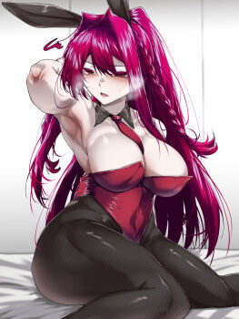 1girl animal_ears baobhan_sith_(fate) black_pantyhose breasts collarbone commentary_request fate/grand_order fate_(series) fishnet_pantyhose fishnets grey_eyes heavy_breathing highres large_breasts long_hair looking_at_viewer necktie open_mouth pantyhose playboy_bunny rabbit_ears red_hair red_necktie solo tgxx3300