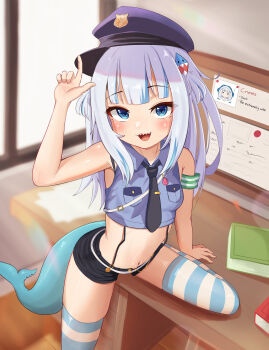 1girl :3 absurdres alternate_costume animal_hair_ornament armband armpit_peek bare_shoulders black_necktie black_shorts blue_eyes blue_hair blue_shirt blunt_bangs blush book breast_pocket breasts bulletin_board collared_shirt crop_top day desk dot_nose english_text fins fish_tail from_above gawr_gura green_armband hair_ornament hand_up highres hololive hololive_english indoors kurohi_drw l_hand loli looking_at_viewer medium_hair midriff navel necktie open_mouth pocket police police_uniform shark_girl shark_hair_ornament shark_tail sharp_teeth shirt short_shorts shorts sidelocks sleeveless sleeveless_shirt small_breasts smile solo standing standing_on_one_leg stomach striped_clothes striped_thighhighs suspender_shorts suspenders tail teeth thighhighs virtual_youtuber zettai_ryouiki