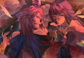 1boy 2girls absurdres alternate_costume animal_ears back bare_shoulders blunt_bangs bridal_gauntlets card chinese_commentary clenched_teeth coin couple dice eyeliner fingernails floating fox_ears fox_girl fox_tail from_behind from_side genshin_impact hair_between_eyes hair_ornament hairpin hand_up hat highres holding japanese_clothes long_hair looking_at_viewer looking_to_the_side lusfseeds makeup mole mole_under_eye multicolored_hair multiple_girls multiple_hairpins multiple_tails no_eyes off_shoulder open_mouth pink_nails playing_card purple_eyeliner purple_eyes purple_hair purple_nails raiden_shogun shade shaded_face sharp_fingernails smile sunglasses tail teeth yae_miko yuri