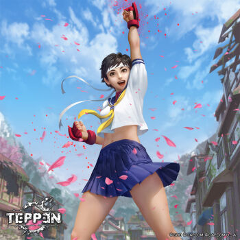 1girl :d arm_up black_hair blue_sailor_collar blue_skirt blue_sky breasts brown_eyes capcom cherry_blossoms clenched_hands cloud commentary copyright_logo copyright_name copyright_notice copyright_request crop_top english_commentary falling_petals feet_out_of_frame fingerless_gloves floating_clothes from_below gloves hand_up headband kasugano_sakura legs_apart light_particles logo looking_ahead midriff miniskirt mountainous_horizon navel neckerchief official_art open_mouth outdoors petals pink_petals pleated_skirt red_gloves ruins sailor_collar school_uniform serafuku short_sleeves skirt sky small_breasts smile solo standing street_fighter teeth teppen upper_teeth_only village white_headband yellow_neckerchief yu_cheng_hong