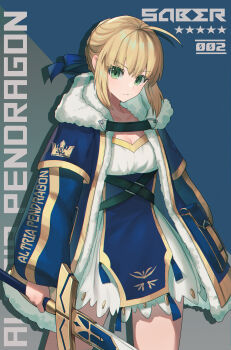 Rule 34 | 1girl, absurdres, adapted costume, ahoge, alternate costume, artoria pendragon (fate), black dress, blonde hair, blue background, blue dress, blue jacket, blue ribbon, braid, breasts, character name, cleavage, closed mouth, collarbone, commentary request, cowboy shot, dolce (dolsuke), dress, excalibur (fate/stay night), fate/stay night, fate (series), fur-trimmed jacket, fur trim, green eyes, hair ribbon, head tilt, highres, holding, holding sword, holding weapon, jacket, layered sleeves, long sleeves, looking at viewer, medium breasts, open clothes, open jacket, revision, ribbon, saber (fate), short hair, short over long sleeves, short sleeves, sidelocks, solo, standing, star (symbol), sword, two-tone background, weapon