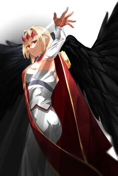 Rule 34 | 1girl, absurdres, armpits, ass, bird girl, black wings, blonde hair, breasts, cloak, closed mouth, commentary request, detached sleeves, dress, eyelashes, feathered wings, from below, from side, gem, hair intakes, highres, large breasts, light rays, light smile, lips, long hair, long sleeves, looking at viewer, looking down, looking to the side, lufas maphaahl, outstretched arm, red cloak, red eyes, red gemstone, sideboob, sidelocks, solo, strapless, strapless dress, tiara, user mrsh3574, white background, white dress, white sleeves, wings, yasei no last boss ga arawareta