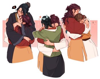 4girls black_robe blue_ribbon braid braided_hair_rings brown_hair bun_cover chinese_clothes closed_mouth cowboy_shot cropped_legs flower_knot green_hair green_shirt hair_between_eyes hair_ribbon hair_rings half_updo heart hug kusuriya_no_hitorigoto lesly_oh maomao_(kusuriya_no_hitorigoto) multiple_girls orange_skirt parted_lips purple_hair red_shirt ribbon robe scar scar_on_arm scar_on_hand shirt shisui_(kusuriya_no_hitorigoto) skirt spoken_heart suirei_(kusuriya_no_hitorigoto) white_skirt xiaolan_(kusuriya_no_hitorigoto) yuri
