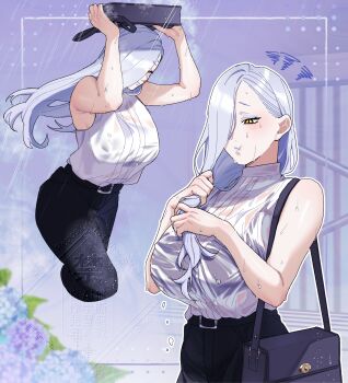 1girl absurdres bag bare_shoulders black_pants blue_lips blush breasts closed_eyes commentary_request eyeliner fate/grand_order fate_(series) hair_over_one_eye highres hiyayaako large_breasts long_hair makeup mrs._snake_(fate) multiple_views pants pout rain shirt shoulder_bag sleeveless sleeveless_shirt thighs wet wet_clothes white_hair white_shirt yellow_eyes