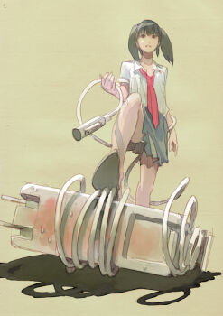 1girl apple_inc. bad_id black_hair brown_eyes female_focus looking_at_viewer macintosh necktie original panties pantyshot plug pomodorosa red_necktie school_uniform skirt solo standing twintails underwear upskirt