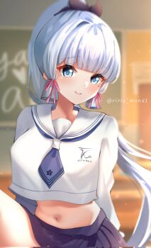 1girl alternate_costume ayaka_(genshin_impact) black_skirt blue_eyes blue_hair blunt_bangs blurry blurry_background breasts commentary_request contemporary cowboy_shot cropped_shirt genshin_impact highres indoors large_breasts long_hair looking_at_viewer midriff mole mole_under_eye navel parted_lips ponytail riria_mona1 shirt skirt smile solo white_shirt