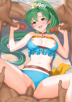 1girl 3boys :d absurdres bare_arms bare_shoulders bikini bikini_bottom_aside bikini_top_aside blue_bikini blush breasts censored choker cleavage clothing_aside double_handjob earrings fire_emblem fire_emblem:_the_blazing_blade fire_emblem_heroes flower gangbang got0_naisho green_eyes green_hair group_sex hair_flower hair_ornament handjob hetero highres jewelry large_breasts long_hair looking_at_viewer lyn_(fire_emblem) lyn_(lady_of_the_beach)_(fire_emblem) mosaic_censoring multiple_boys navel nintendo nipples official_alternate_costume open_mouth penis ponytail pov pussy sex smile solo_focus stomach swimsuit teeth thighs tongue upper_teeth_only vaginal very_long_hair